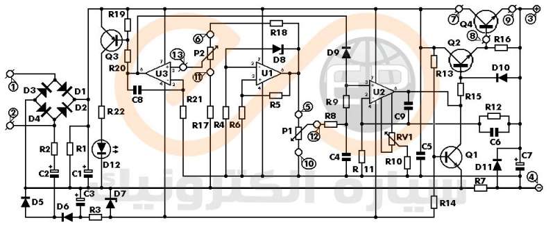 شماتیک مدار منبع تغذیه 0 تا 30 ولت با کنترل جریان 0 تا 3 آمپر