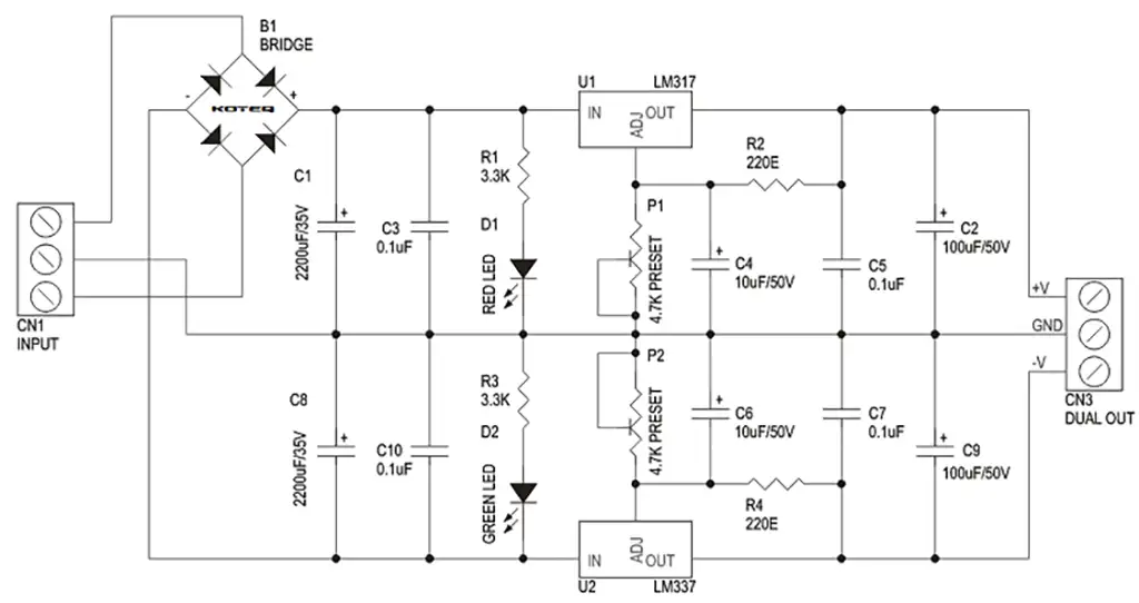 مدار منبع تغذیه قابل تنظیم 1.2 تا 37 ولت 1.5 آمپر با خروجی دوگانه