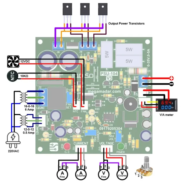 نقشه سیم کشی مدار منبع تغذیه متغیر PSU-104-V3 حرفه ای (35 ولت 5 آمپر)