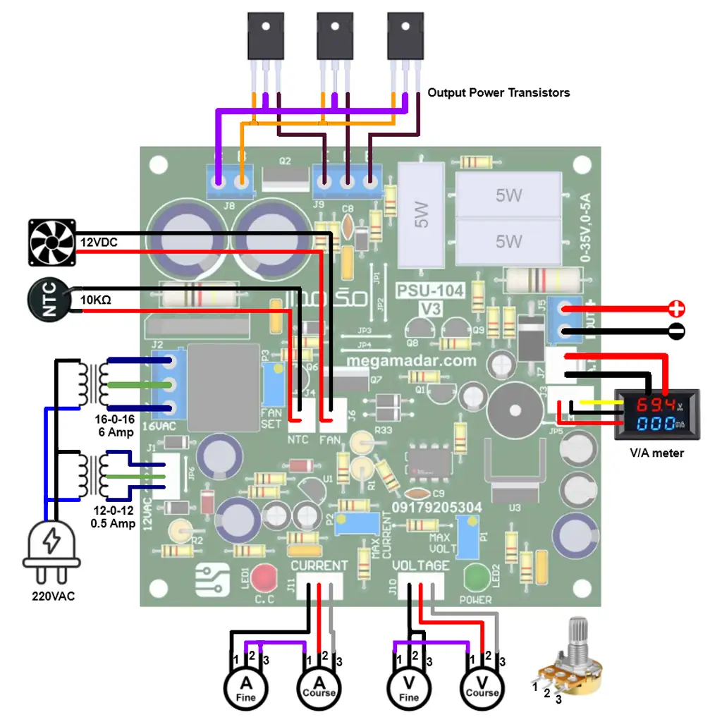 نقشه سیم کشی مدار منبع تغذیه متغیر PSU-104-V3 حرفه ای (35 ولت 5 آمپر)